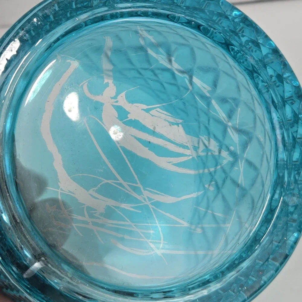 Vtg Style Teal Blue Diamond Cut Lidded Glass Vanity Jar w Tassel 6.5x4
